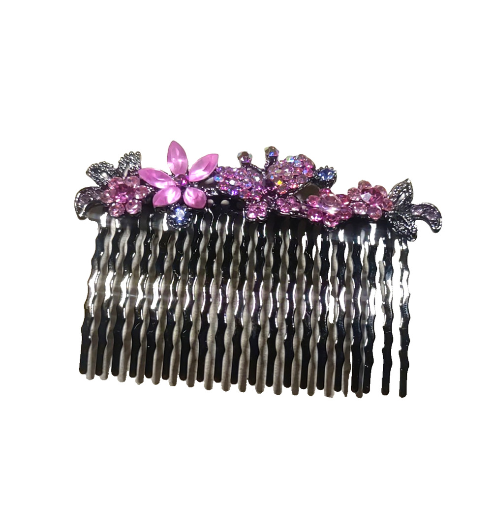 Rhinestone Hair Comb Barrette Pink Glitter Black Metal Party Prom